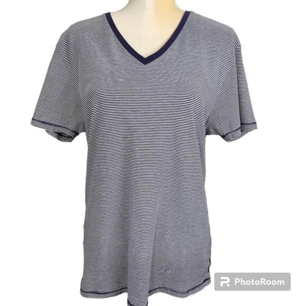 Scotch & Soda Amsterdam Tee Shirt V neck Size L Navy Stripe classic luxe